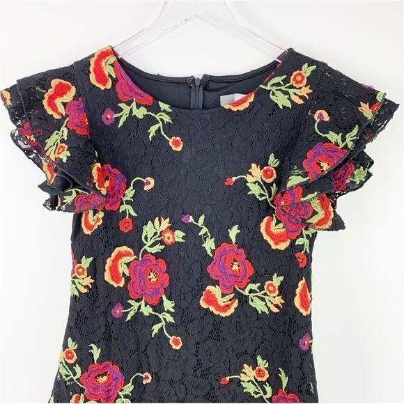 Anthropologie Eva Franco Poppy Black Floral Embroidered Mini Dress 4P Drop Waist - Picture 7 of 14